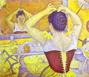 Woman at her toilette wearing a purple corset, 1893